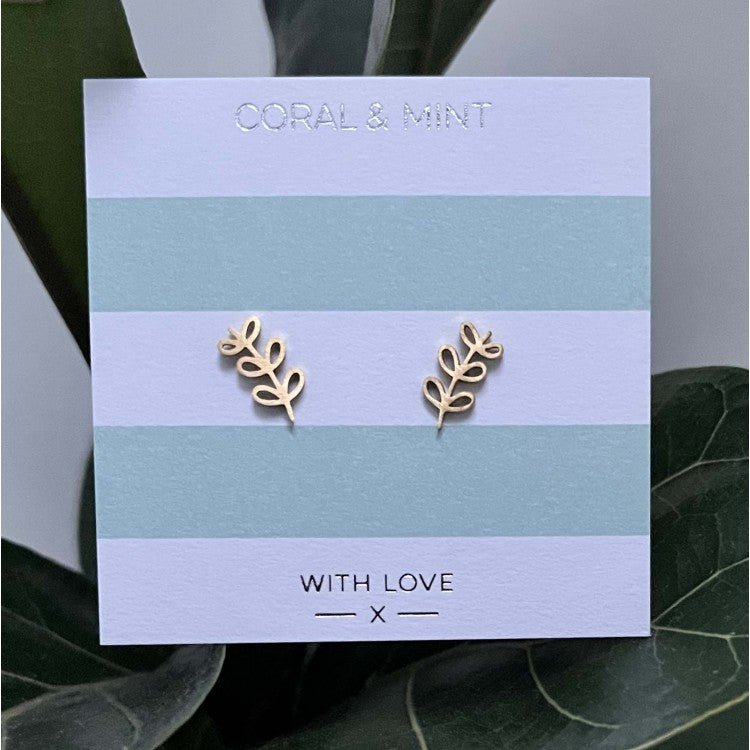 Leaf Stem Stud Earrings (Gold Plated) - Coral & Mint from thetraditionalgiftshop.pro