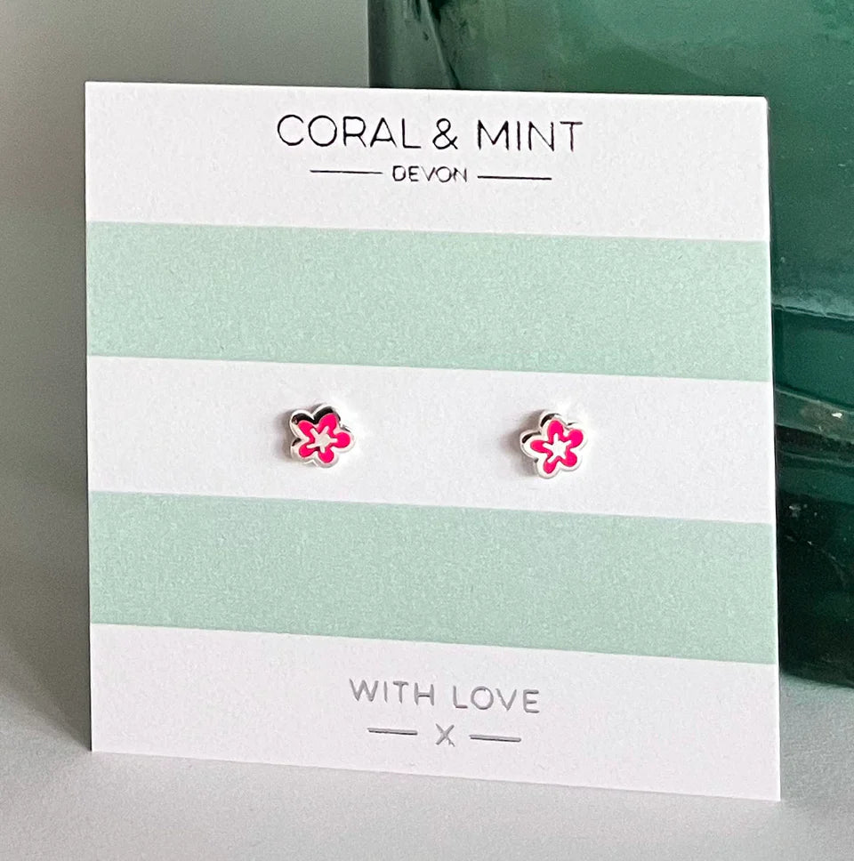 Pink Flower Stud Earrings (Silver Plated) - Coral & Mint from thetraditionalgiftshop.pro