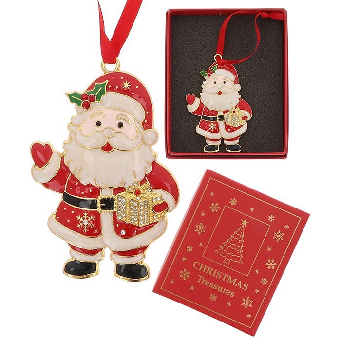Santa with Present Metal & Enamel Xmas Treasures Tree Decoration - Xmas Treasures from thetraditionalgiftshop.pro