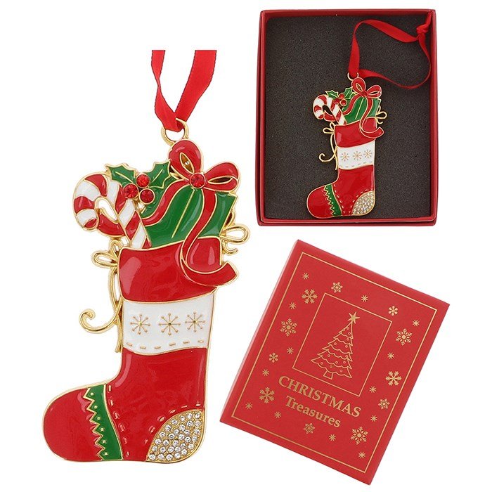 Stocking with Gifts Metal & Enamel Xmas Treasures Tree Decoration - Xmas Treasures from thetraditionalgiftshop.pro